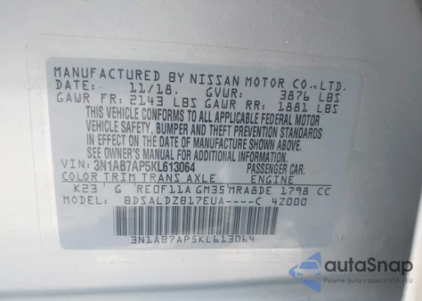 2019 Nissan Sentra Sv z USA, uszkodzony, nr VIN 3N1AB7AP5KL613064